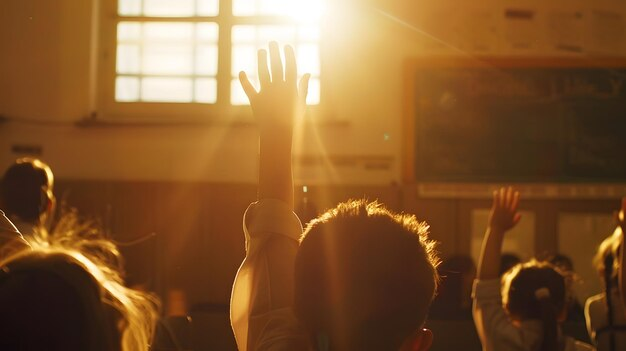 Criança levantando a mão em uma sala de aula iluminada pelo sol, simbolizando aprendizado e participação ativa em estudos bíblicos e reuniões religiosas.