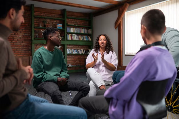 Grupo de jovens reunidos em uma roda de conversa, discutindo ideias e compartilhando conhecimento, uma cena comum em grupos de estudos bíblicos e encontros cristãos.