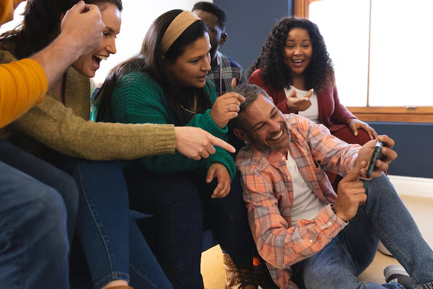 Grupo de amigos se divertindo e compartilhando momentos, refletindo a comunhão e o espírito acolhedor presente na igreja e nos encontros de fé.