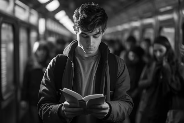 Jovem lendo um livro no metrô, representando a busca pelo conhecimento e reflexão, algo comum para aqueles que se dedicam ao estudo da Bíblia e espiritualidade.