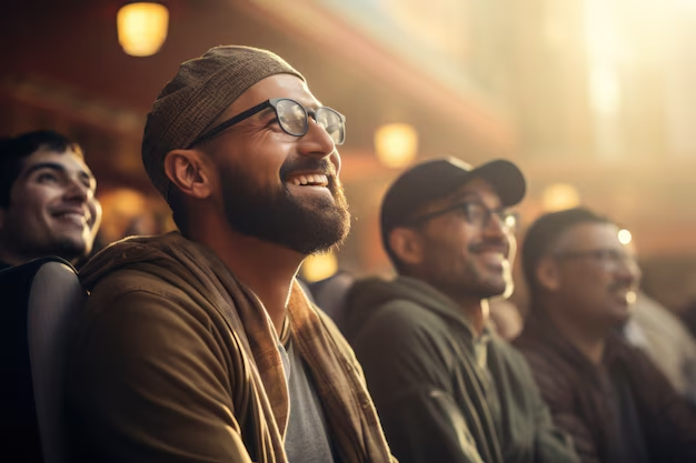 Cena inspiradora de um culto, com um homem sorridente assistindo a uma pregação, representando a experiência de crescimento espiritual dentro da comunidade cristã.